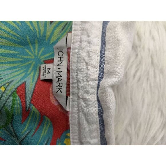 John Mark Embroidered Linen White Blue Stripe Floral 3 Button Shirt M Top Blouse - Picture 3 of 6